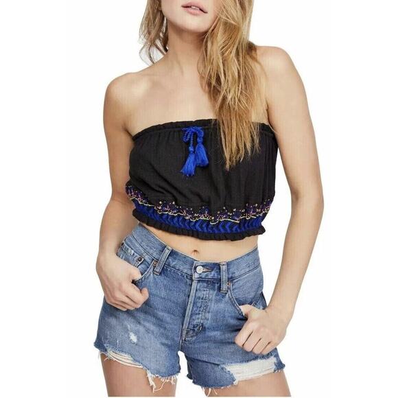 NWT Free People No More Tiers Black Tube Top Embroidered Tassels OB978531 Sz L - Picture 1 of 14